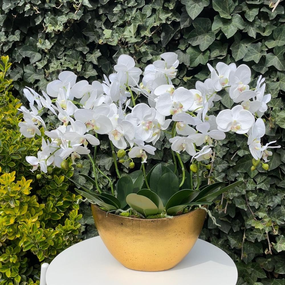 Композиция "Орхидея  белая 9 веток в золотой лодке"