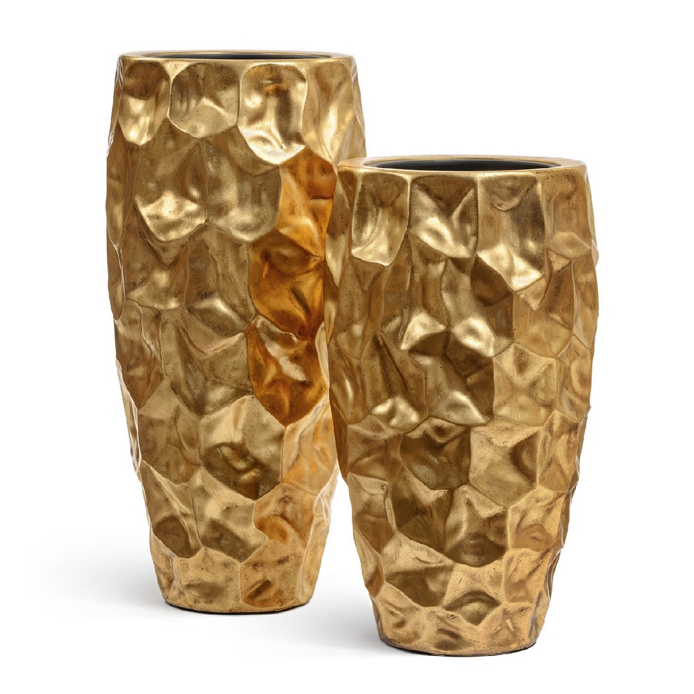 Кашпо TREEZ Effectory Metal Высокий округлый конус Design Сrumple Сусальное золото - диам.42 в75см